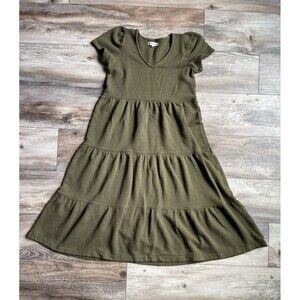 Madewell Lightspun Popover Tiered Mini Dress XXS V Neck Olive Green Ribbed